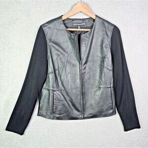 Jaclyn Smith Leather Sweater Jacket Black XL Full Zip Knit Sleeves Minimalist